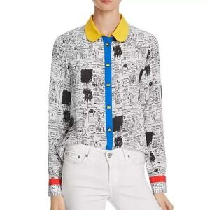Alice + Olivia x Basquiat Gary Blouse Size S | Graffiti Silk Print Crown Button
